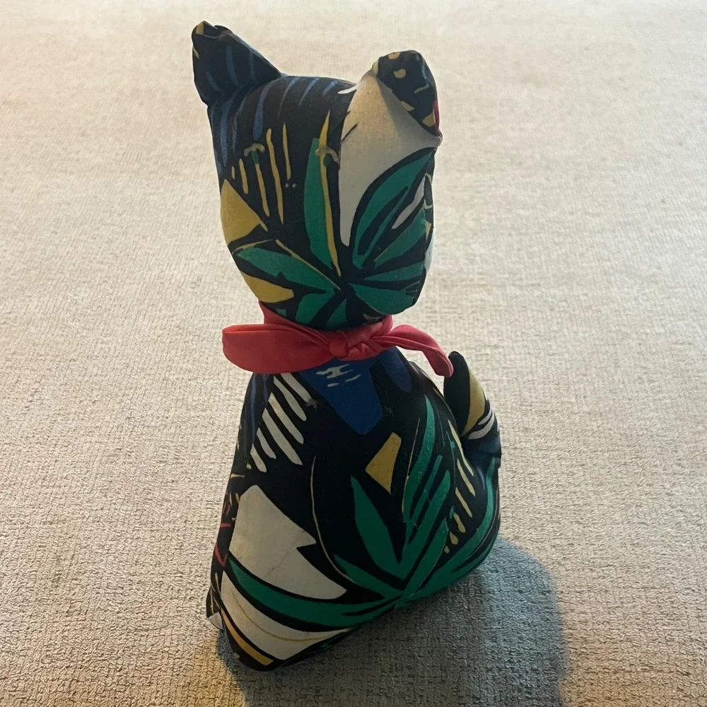 Vintage 80s Memphis Style Abstract Geometric Tropical Fabric Cat Plush Decor